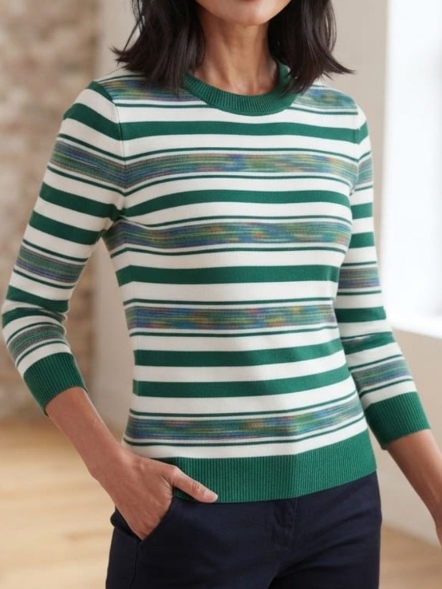 ModaFesta -your everyday wardrobe with this stylish green and white striped ribbed knit top